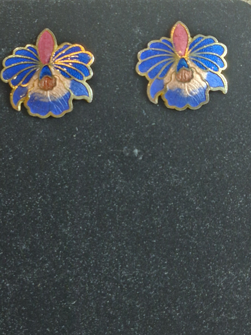 SITI Signed Blue Orchid Cloisonné Enamel Post Earrings